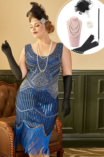Royal Blue Sequined 1920-tallet Plus Size Gatsby kjole med 20s tilbehør sett